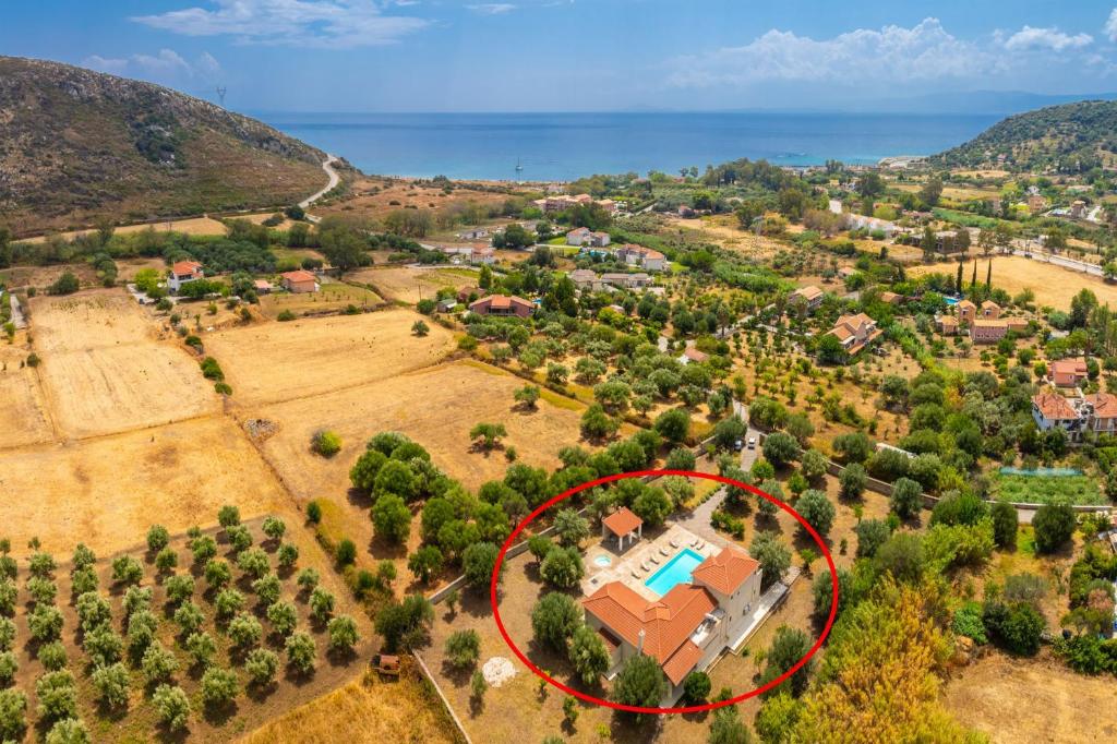 Drone image of Pomegranate Tree Villa at Katelios, Kefalonia